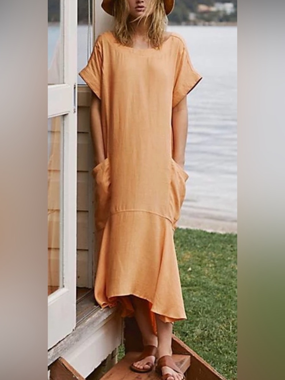 Free People - Peach Boho Scoop Neck Short Sleeve Pocket Midi Dress Size Small